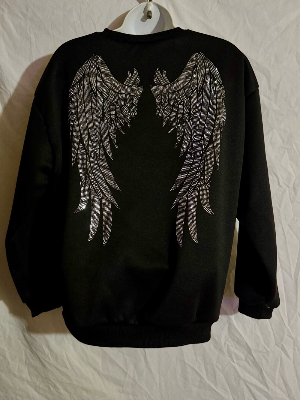 SHEIN Black Crewneck Sweater with Silver Rhinestone Angel Wings